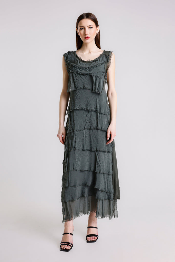 DT215 303 Army Aleena Silk Maxi Ruffle Dress