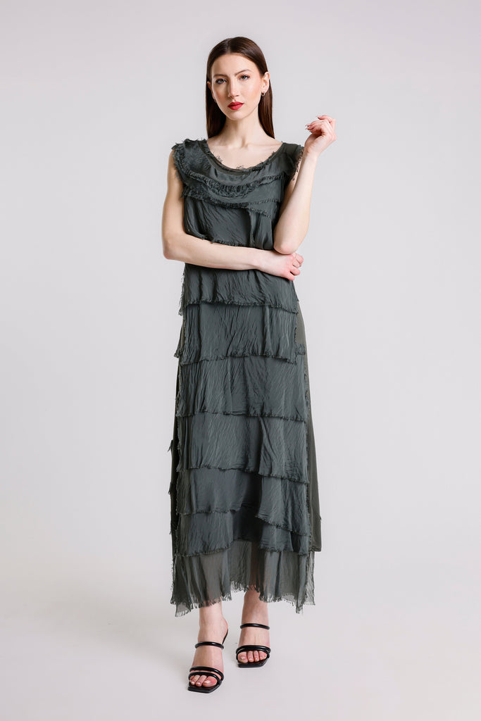 DT215 303 Army Aleena Silk Maxi Ruffle Dress