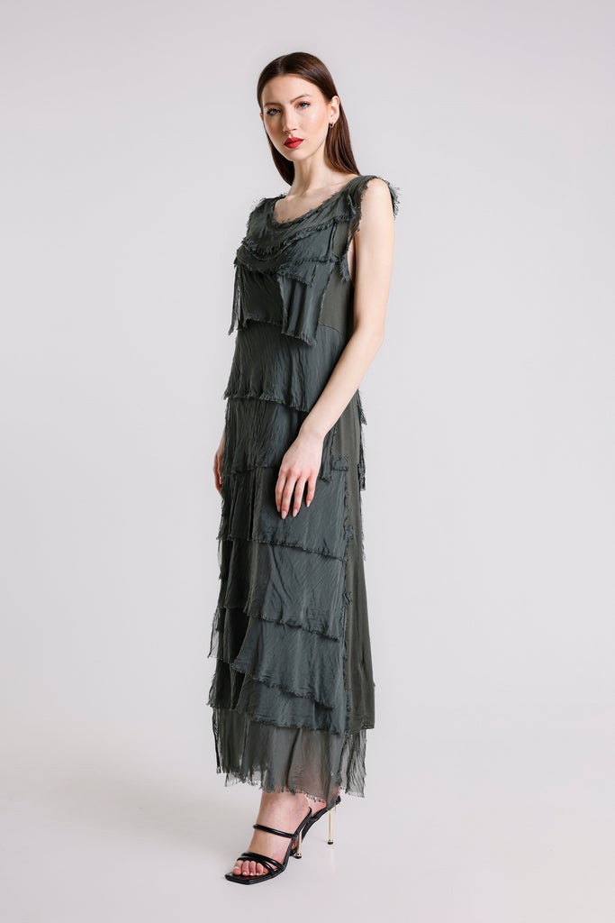 DT215 303 Army Aleena Silk Maxi Ruffle Dress