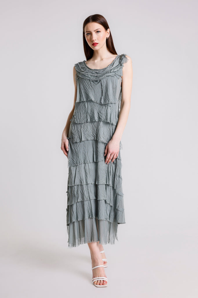 DT215 316 Olive Aleena Silk Maxi Ruffle Dress