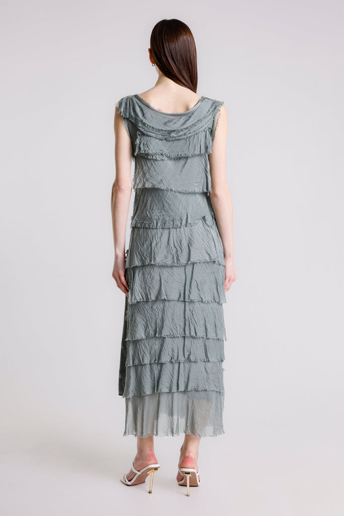 DT215 316 Olive Aleena Silk Maxi Ruffle Dress