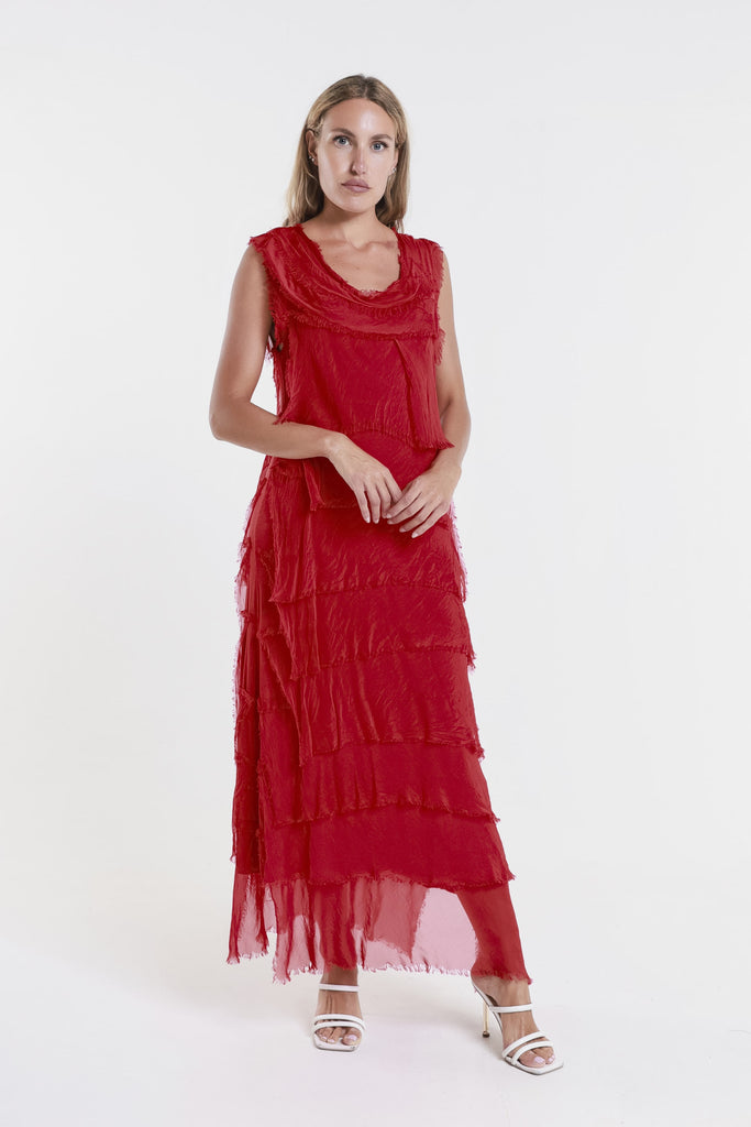 DT215 600 Red Aleena Silk Maxi Ruffle Dress