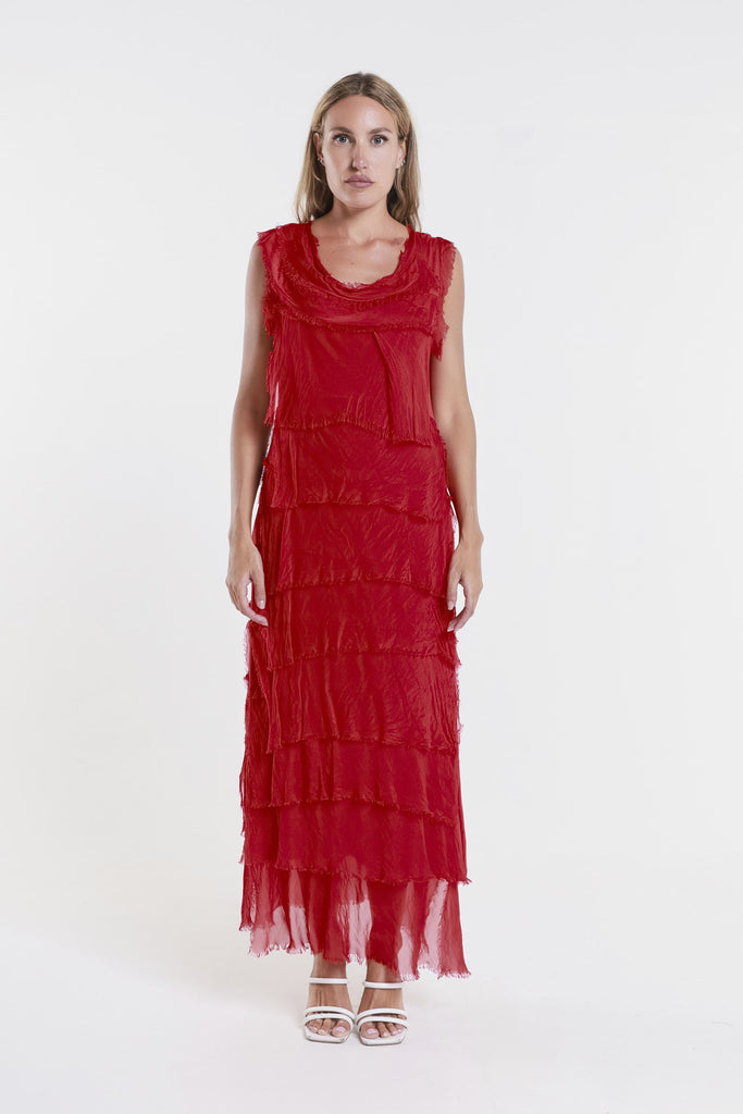 DT215 600 Red Aleena Silk Maxi Ruffle Dress