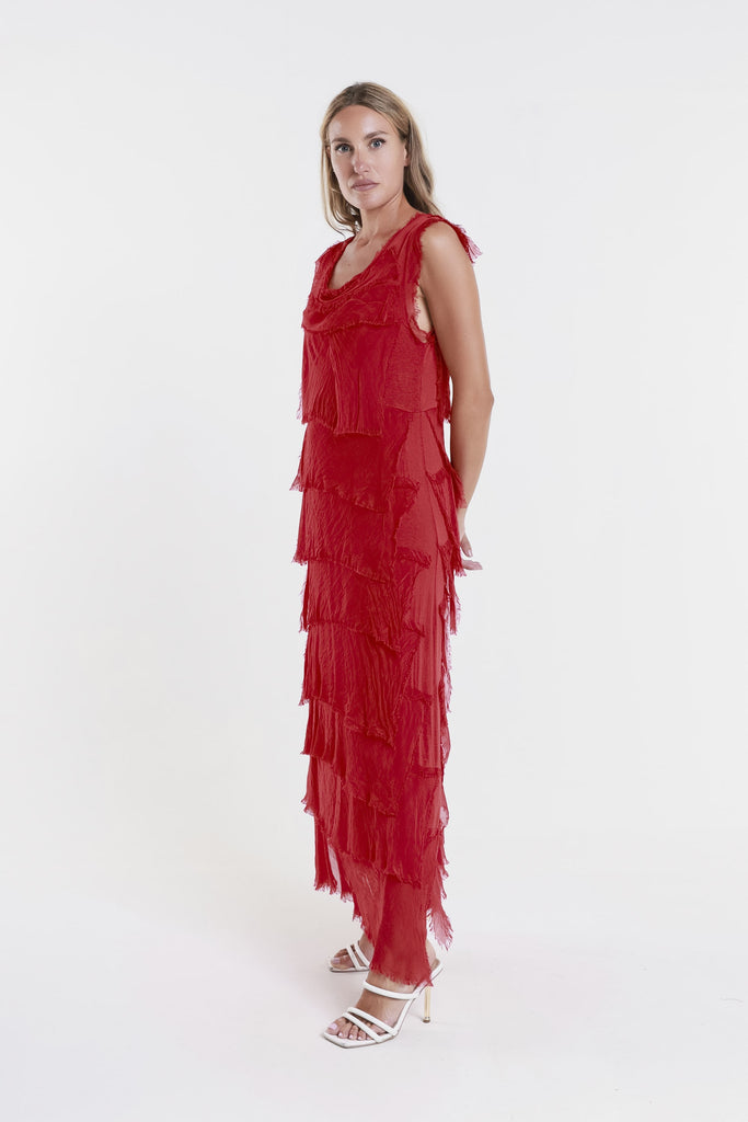 DT215 600 Red Aleena Silk Maxi Ruffle Dress