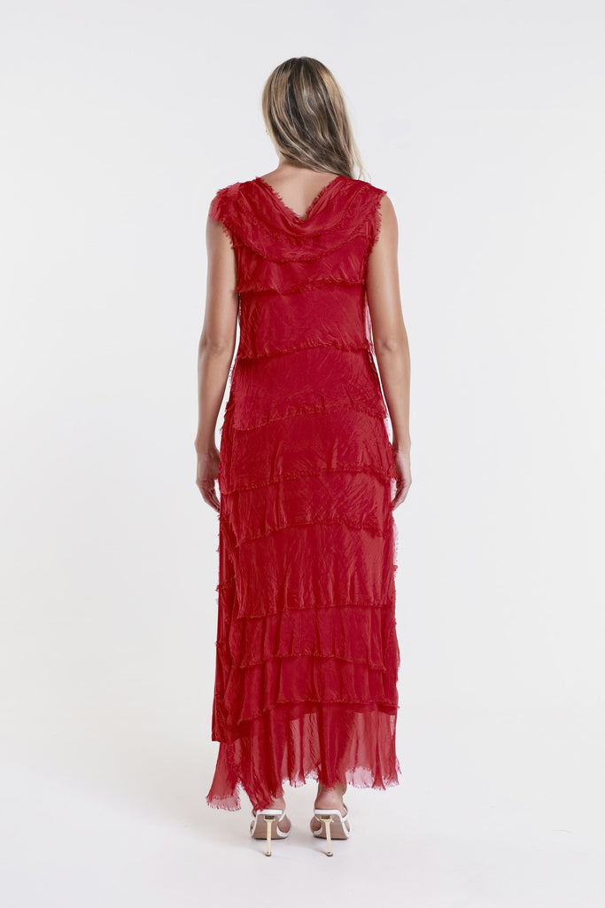 DT215 600 Red Aleena Silk Maxi Ruffle Dress