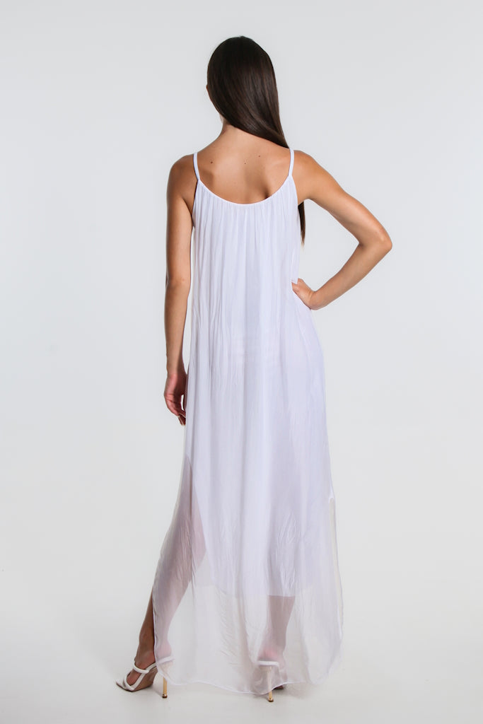 DT222-100 White Marla Halter Silk Maxi Dress