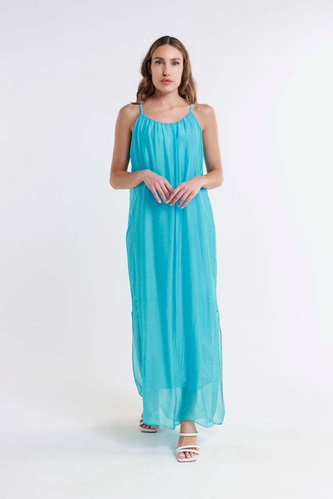 DT222-440 Turq Marla Halter Silk Maxi Dress