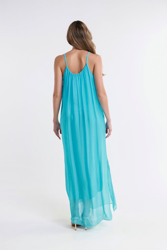 DT222-440 Turq Marla Halter Silk Maxi Dress