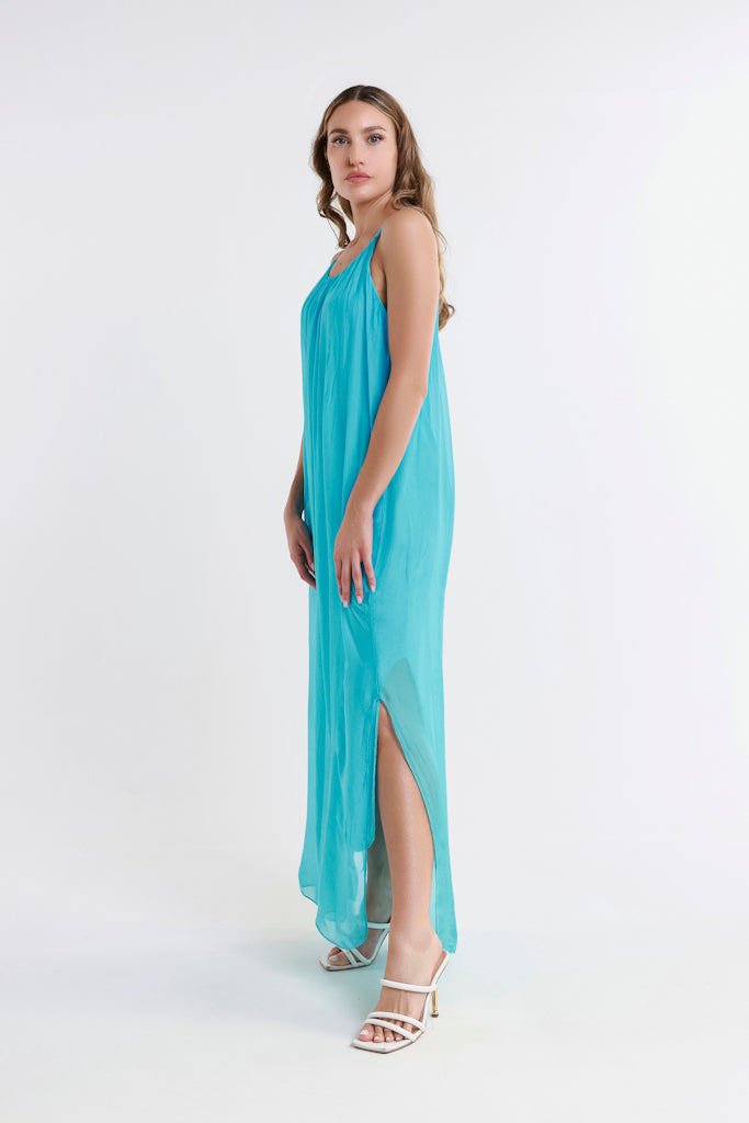 DT222-440 Turq Marla Halter Silk Maxi Dress