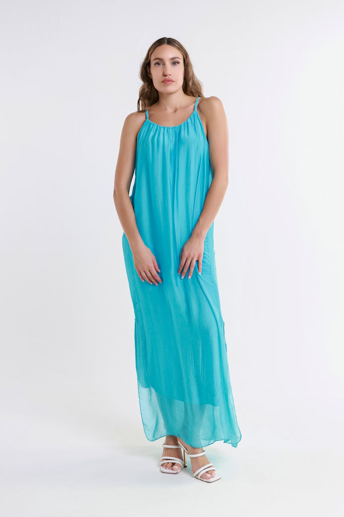 DT222-440 Turq Marla Halter Silk Maxi Dress