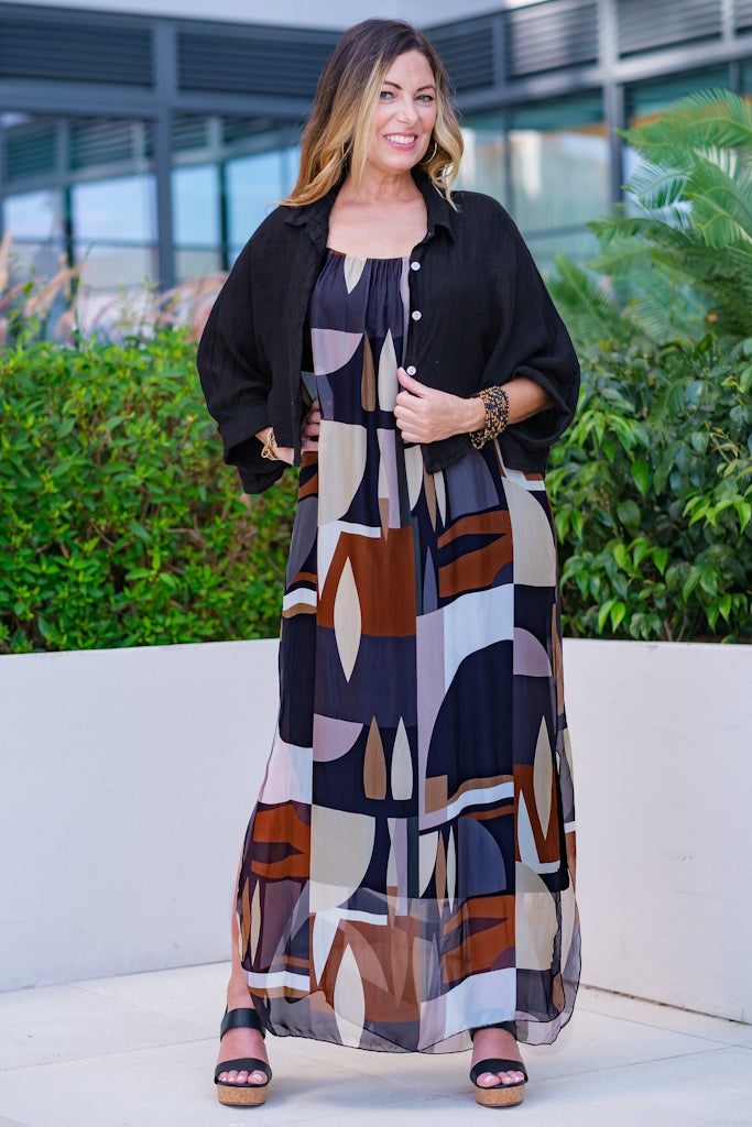Marla Funky Geo Silk Maxi Dress (DT222F) 628 Dark Cherry / One Size Marla Funky Geo Silk Maxi Dress (DT222F) 628 Dark Cherry / One Size