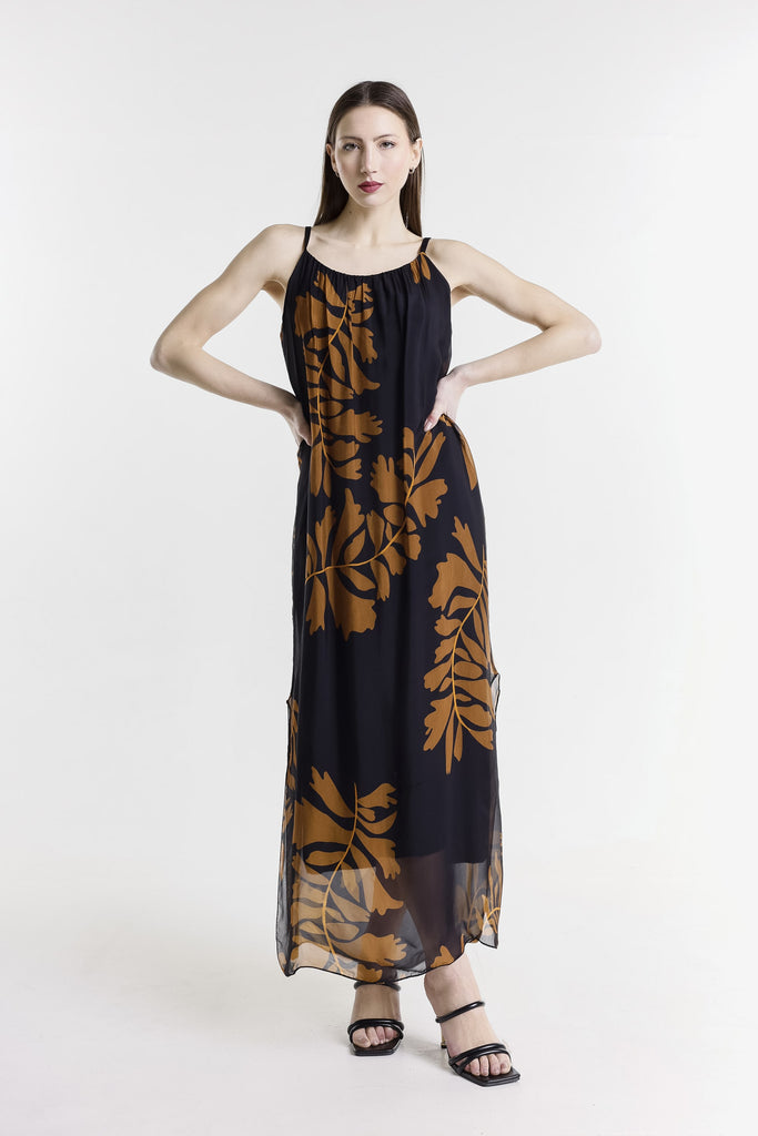 DT222P 001 Black Palm Marla Halter Neck Silk Maxi Dress