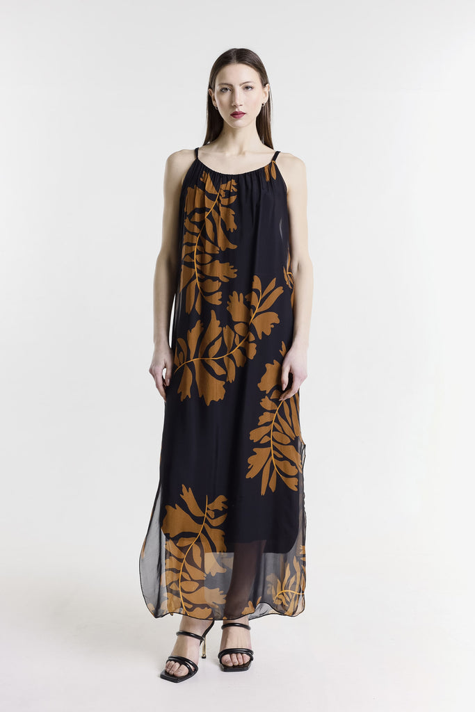 DT222P 001 Black Palm Marla Halter Neck Silk Maxi Dress