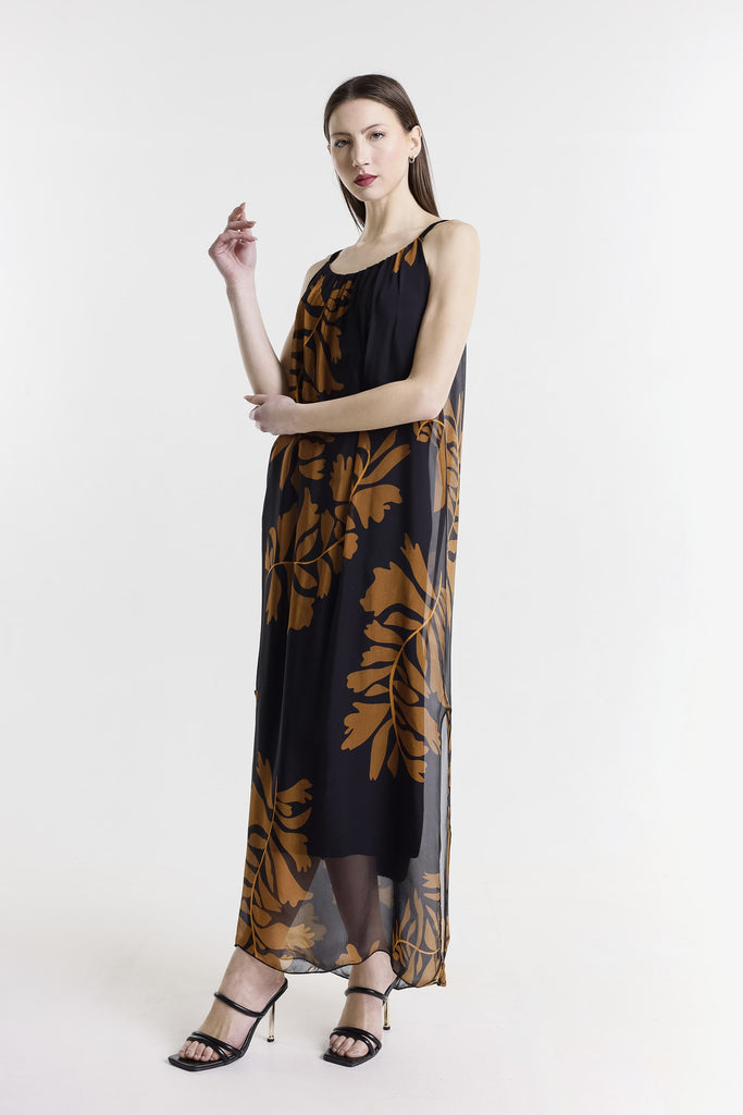 DT222P 001 Black Palm Marla Halter Neck Silk Maxi Dress
