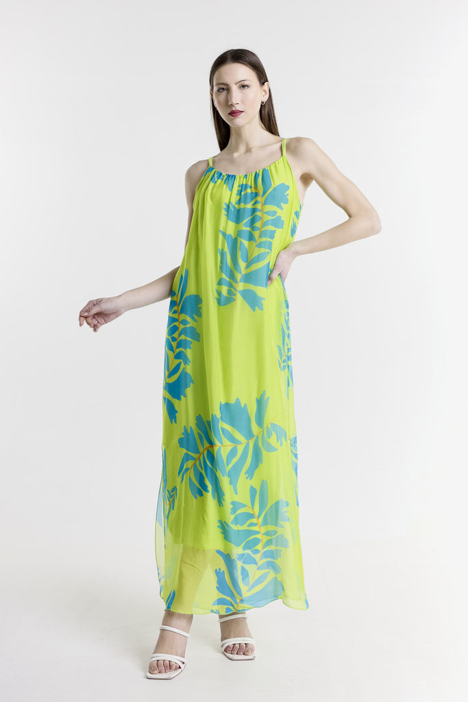 DT222P 321 Lime Palm Marla Halter Neck Silk Maxi Dress
