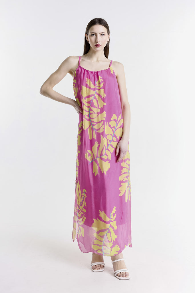 DT222P 672 Fuchsia Palm Marla Halter Neck Silk Maxi Dress