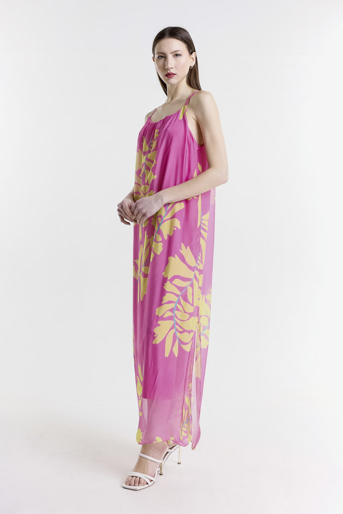 DT222P 672 Fuchsia Palm Marla Halter Neck Silk Maxi Dress