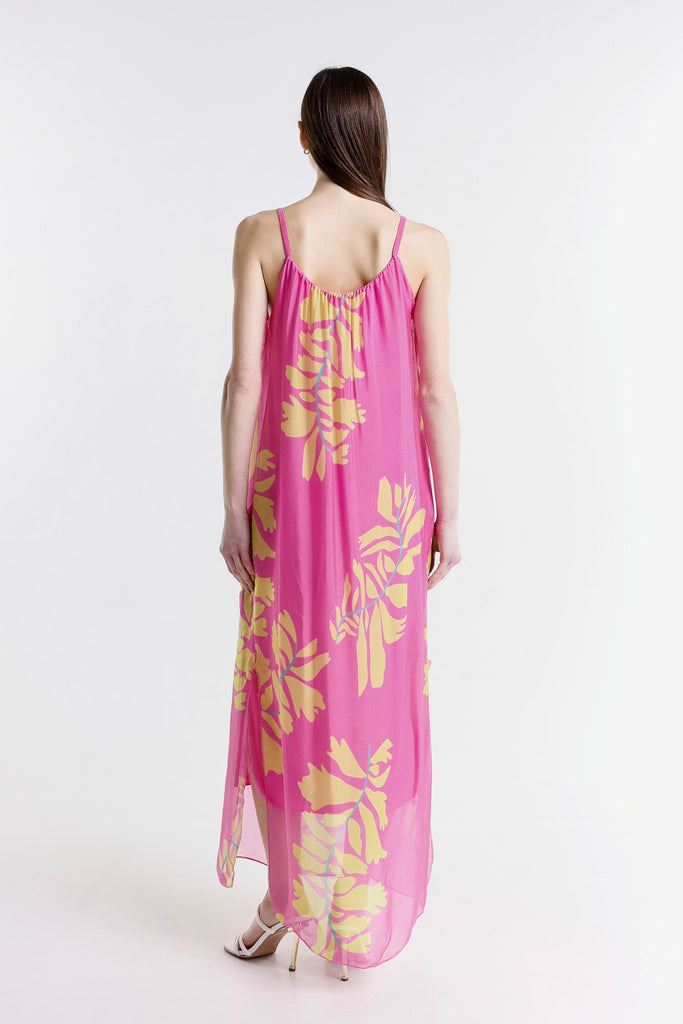DT222P 672 Fuchsia Palm Marla Halter Neck Silk Maxi Dress