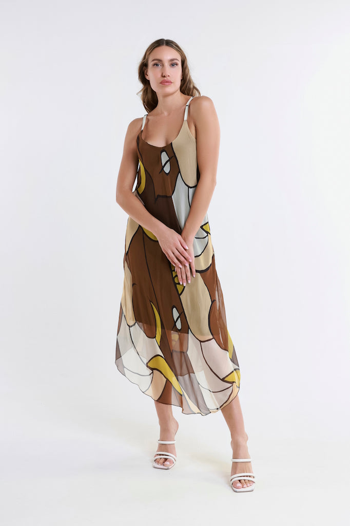 DT224D-202 Espresso Desert Moon Rachel Silk Midi Dress