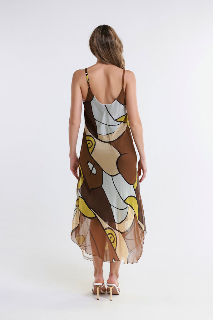 DT224D-202 Espresso Desert Moon Rachel Silk Midi Dress