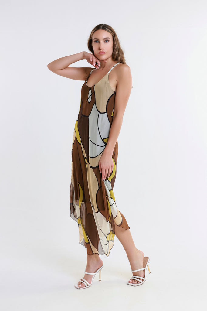 DT224D-202 Espresso Desert Moon Rachel Silk Midi Dress