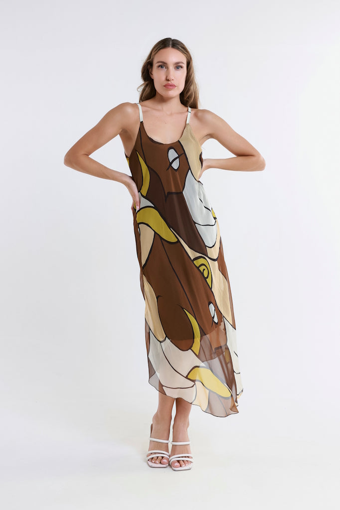 DT224D-202 Espresso Desert Moon Rachel Silk Midi Dress