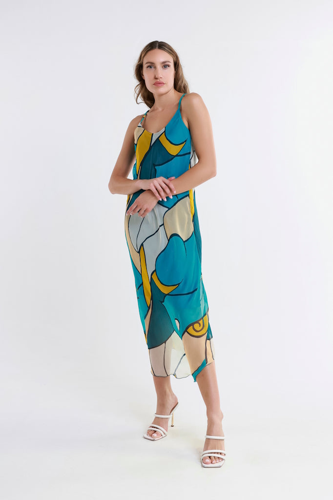 DT224D-323 Teal Desert Moon Rachel Silk Midi Dress