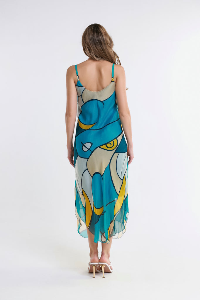 DT224D-323 Teal Desert Moon Rachel Silk Midi Dress