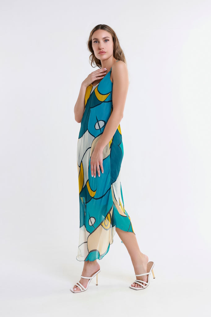 DT224D-323 Teal Desert Moon Rachel Silk Midi Dress