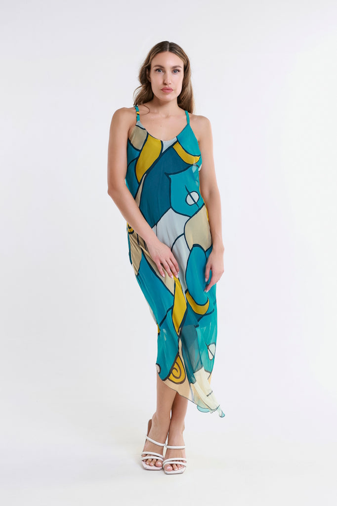 DT224D-323 Teal Desert Moon Rachel Silk Midi Dress