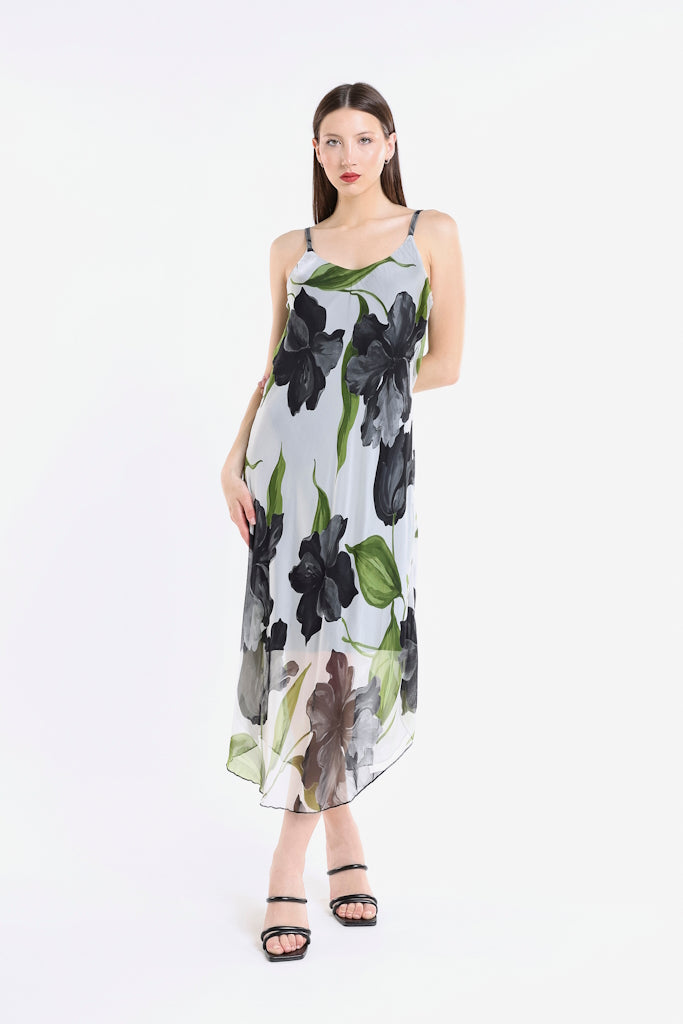 DT224R-001 Black Rachel Iris Print Silk Midi Dress
