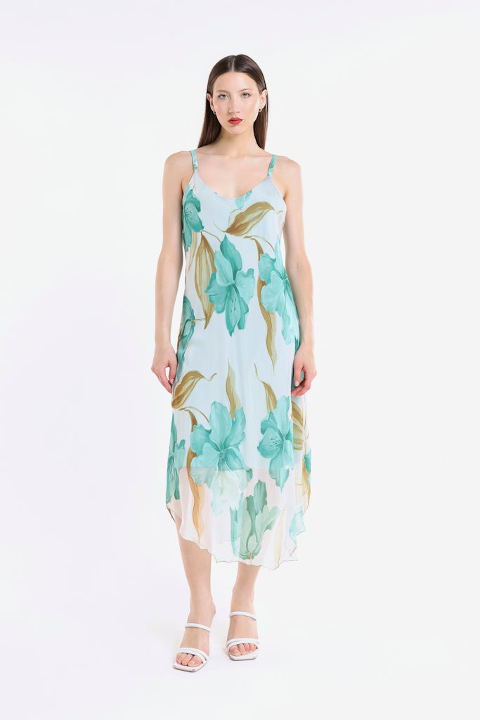DT224R-362 Tiffany Rachel Iris Print Silk Midi Dress