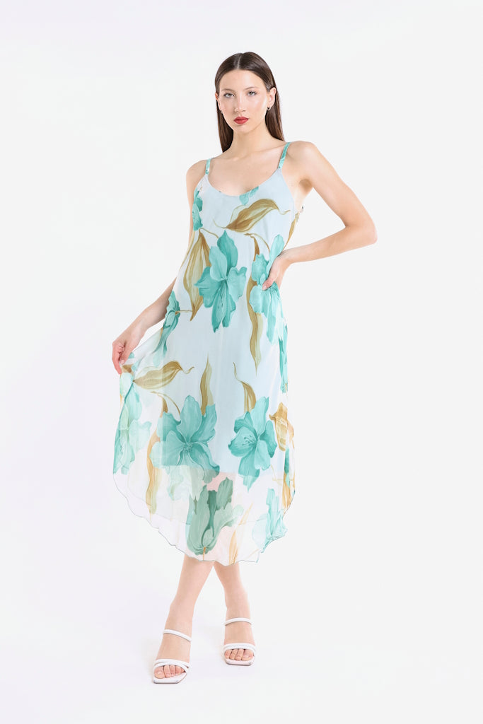 DT224R-362 Tiffany Rachel Iris Print Silk Midi Dress