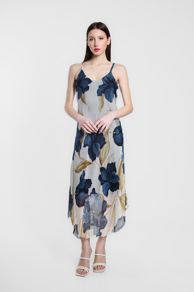 DT224R-409 Navy Rachel Iris Print Silk Midi Dress