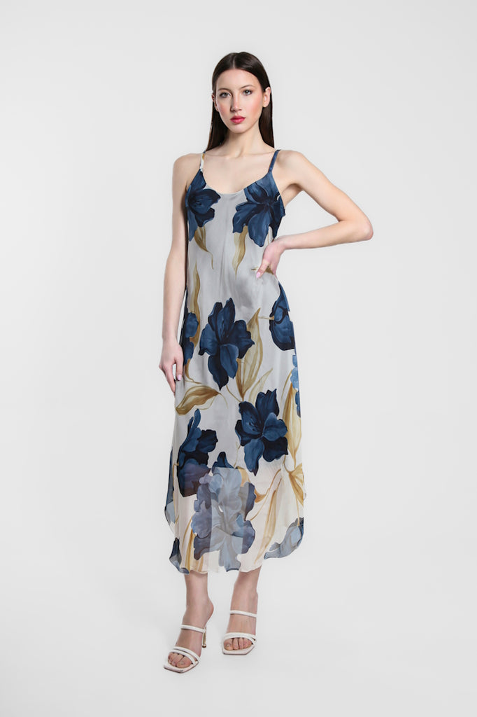 DT224R-409 Navy Rachel Iris Print Silk Midi Dress