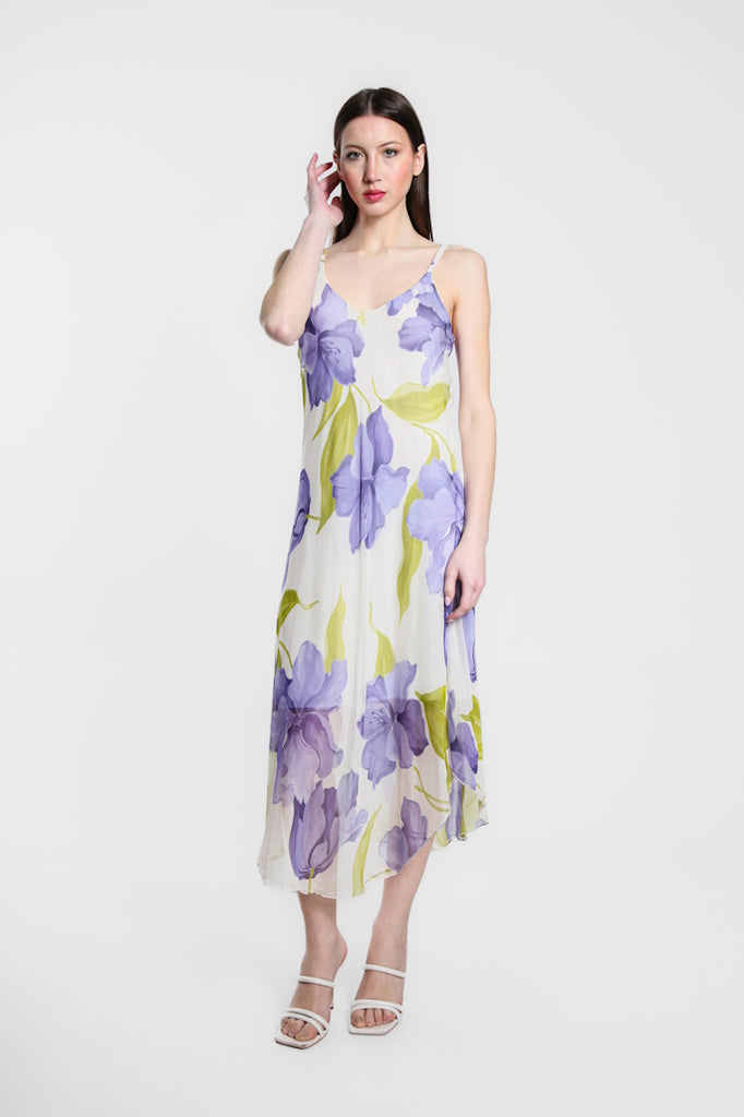 DT224R-437 Periwinkle Rachel Iris Print Silk Midi Dress