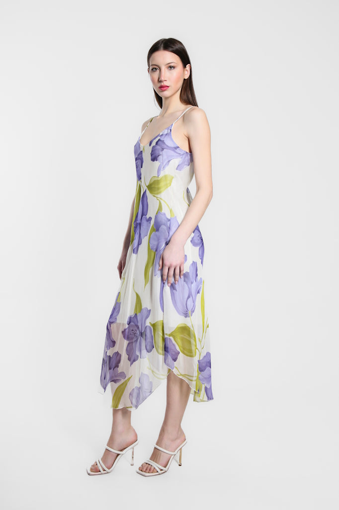 DT224R-437 Periwinkle Rachel Iris Print Silk Midi Dress