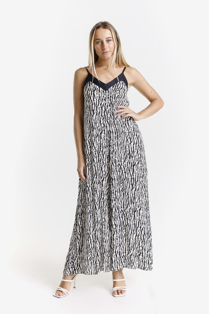 DT226R 001 Black Rain Print Selena Jumpsuit with Satin Trim