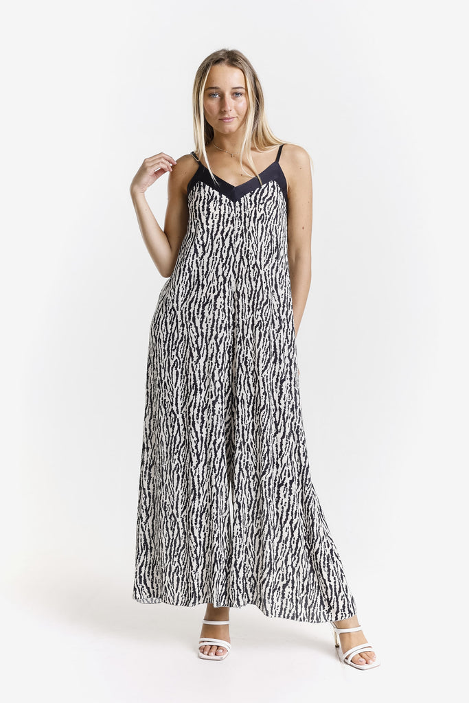 DT226R 001 Black Rain Print Selena Jumpsuit with Satin Trim