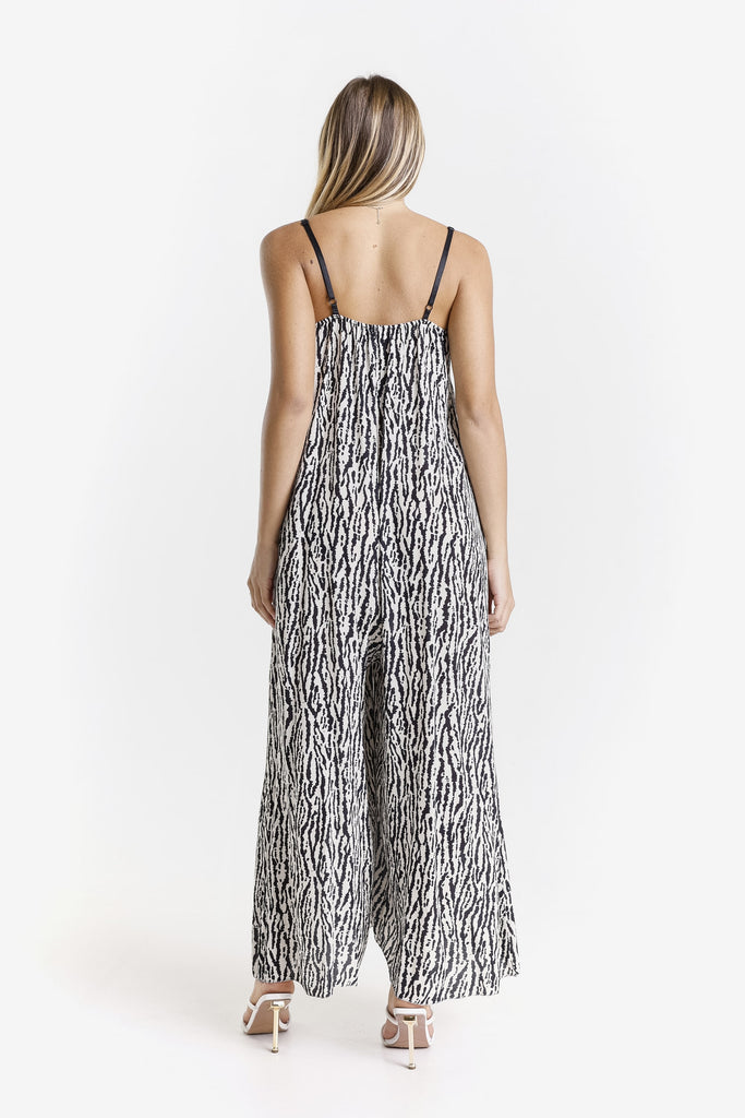 DT226R 001 Black Rain Print Selena Jumpsuit with Satin Trim