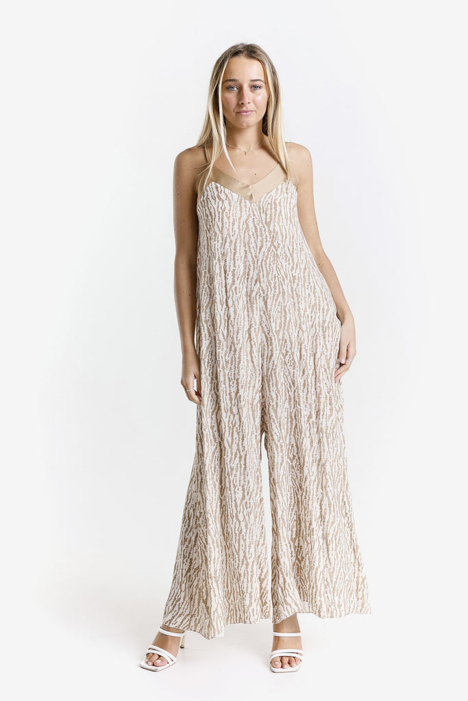 DT226R 250 Beige Rain Print Selena Jumpsuit with Satin Trim