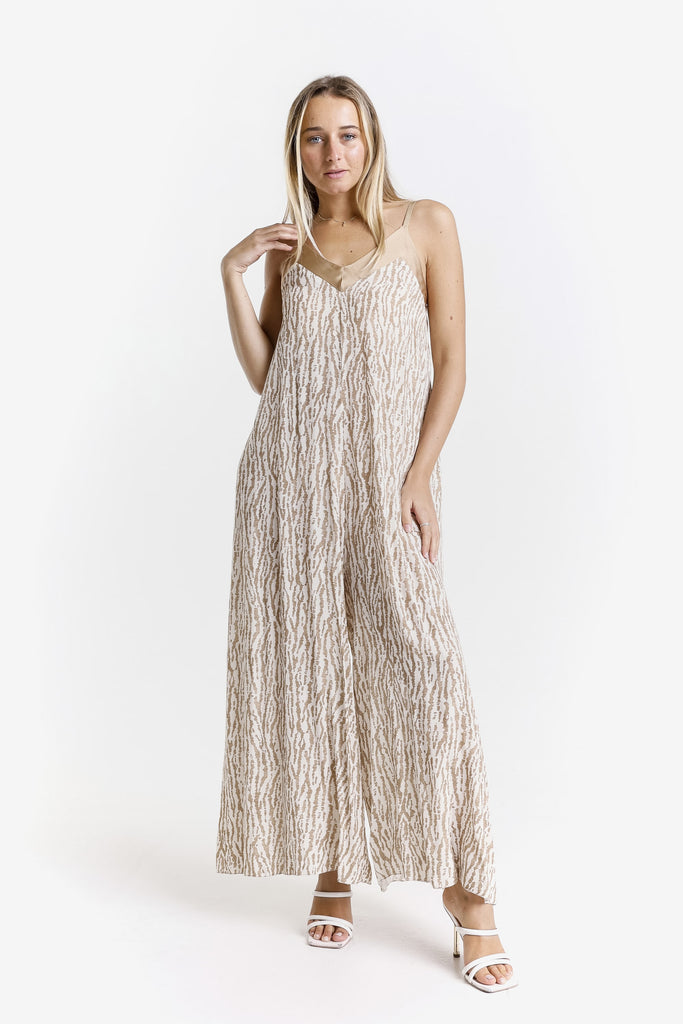 DT226R 250 Beige Rain Print Selena Jumpsuit with Satin Trim