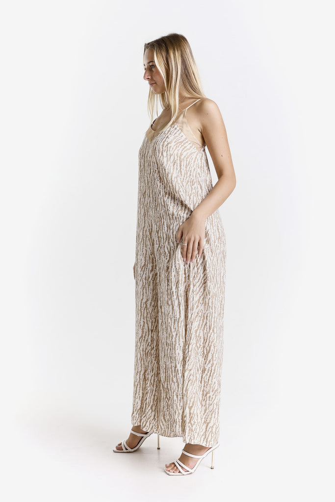 DT226R 250 Beige Rain Print Selena Jumpsuit with Satin Trim