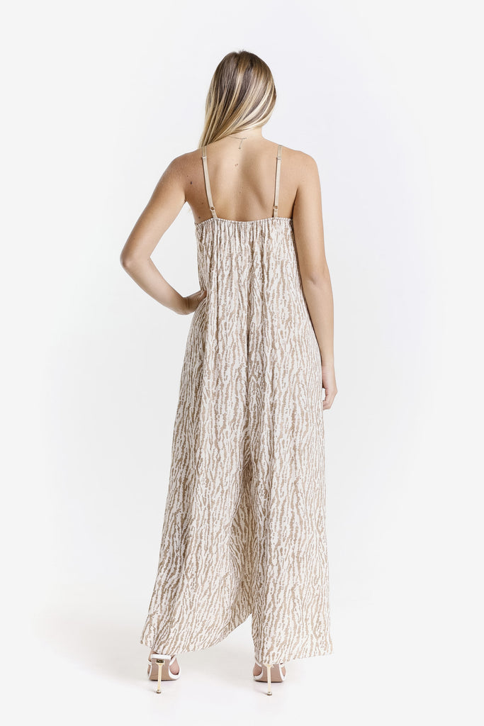 DT226R 250 Beige Rain Print Selena Jumpsuit with Satin Trim