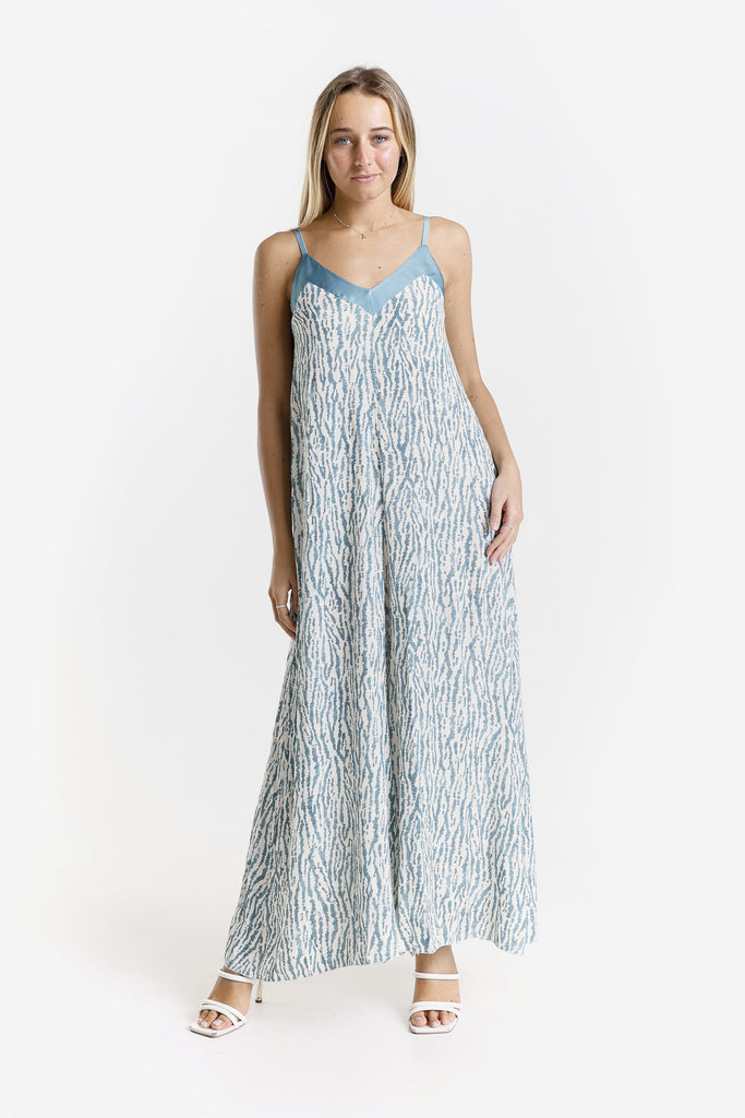 DT226R 324 Lake Rain Print Selena Jumpsuit with Satin Trim