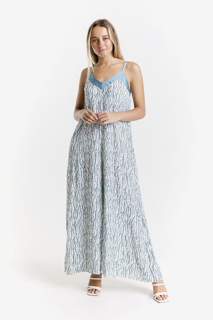 DT226R 324 Lake Rain Print Selena Jumpsuit with Satin Trim