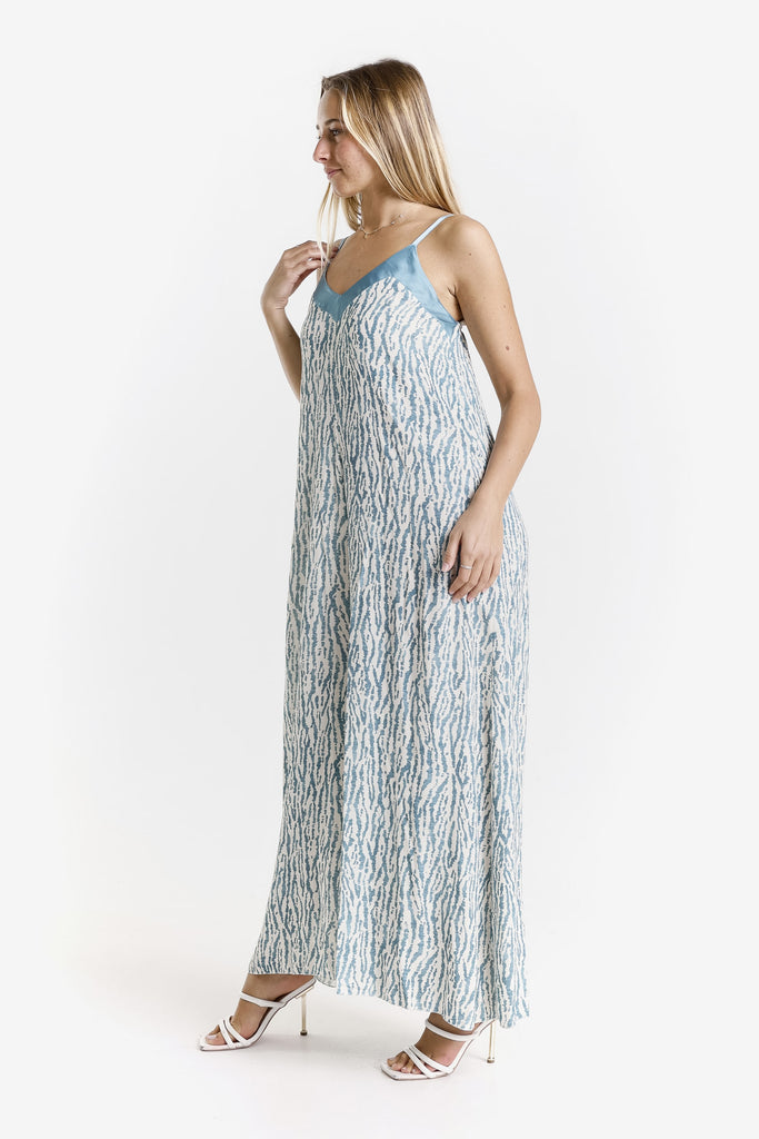 DT226R 324 Lake Rain Print Selena Jumpsuit with Satin Trim