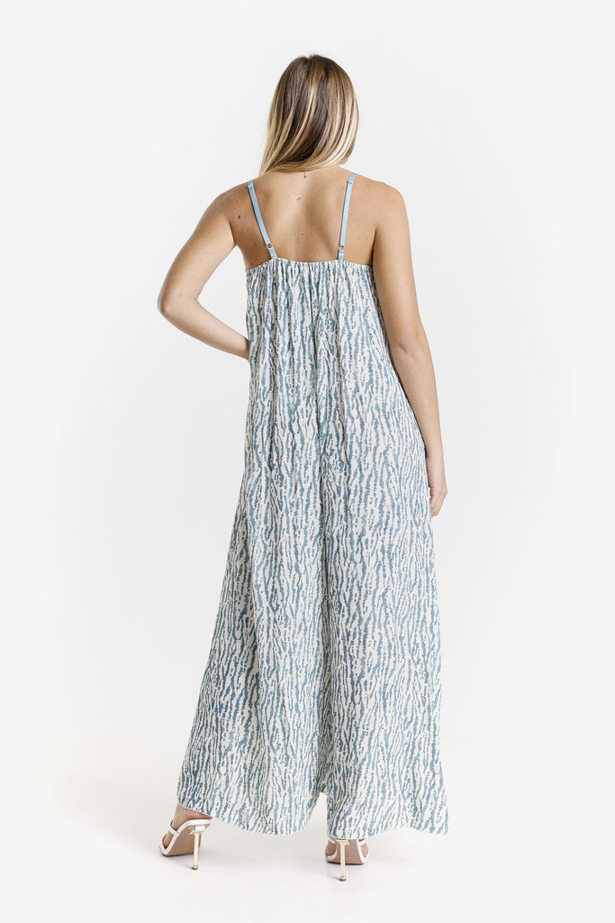 DT226R 324 Lake Rain Print Selena Jumpsuit with Satin Trim