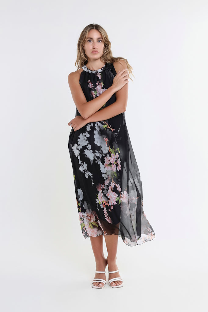 DT230F-001 Black Floral Madison Silk Shoulder Tie Dress