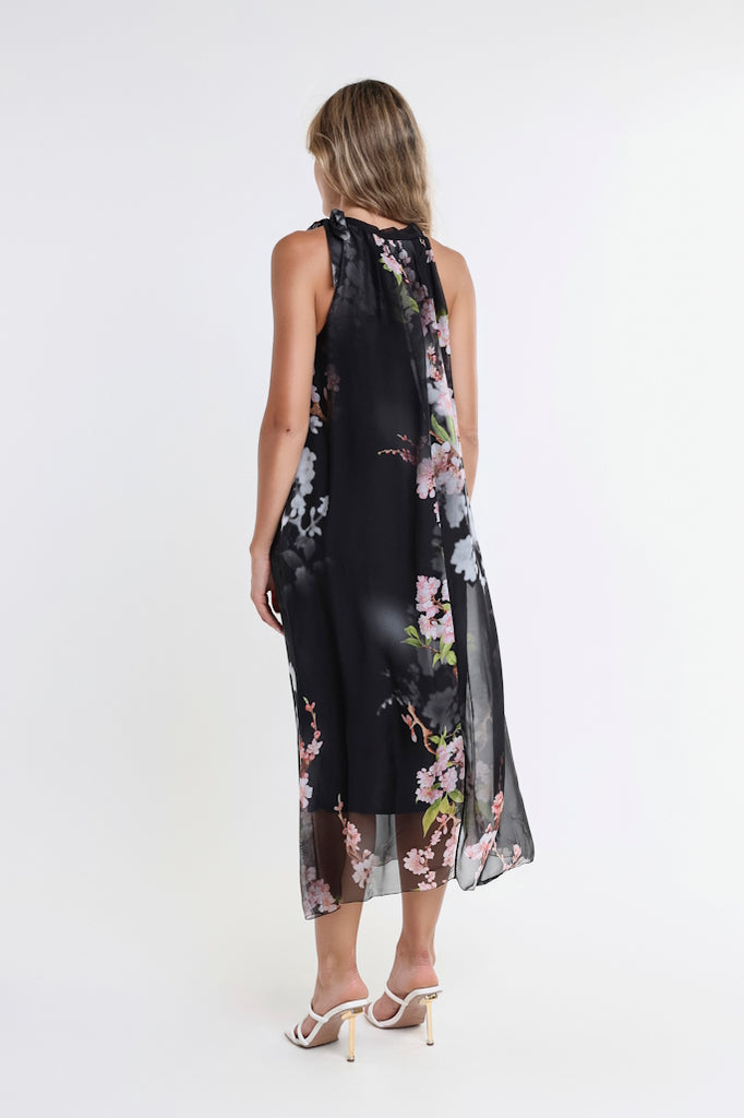 DT230F-001 Black Floral Madison Silk Shoulder Tie Dress